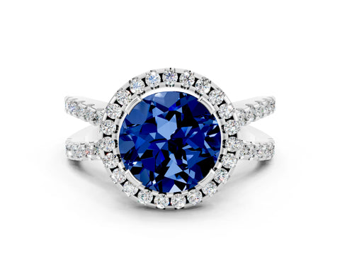 White gold Round Cut Blue Sapphire Halo Ring with Split Shank Pavé Band and Prong Setting