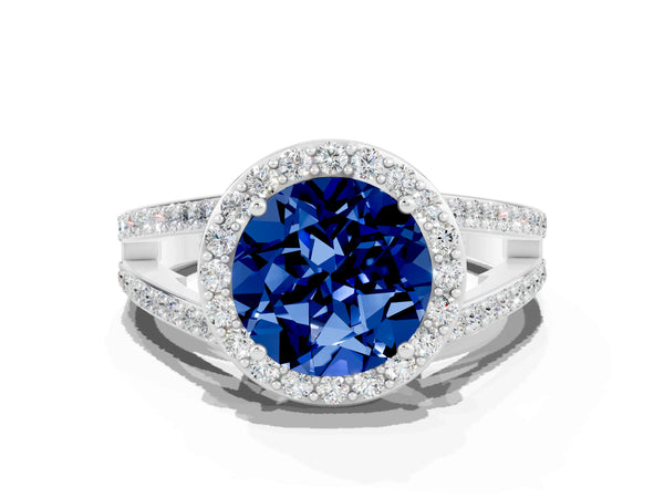 Platinum Round Cut Blue Sapphire Halo Ring with Split Shank U-Prong Band and Four-Prong Setting