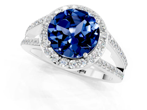 White gold Round Cut Blue Sapphire Halo Ring with Split Shank U-Prong Band and Four-Prong Setting_1