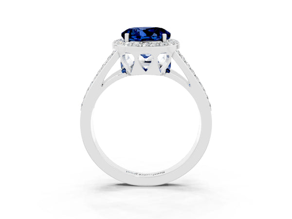 Silver Round Cut Blue Sapphire Halo Ring with Split Shank U-Prong Band and Four-Prong Setting