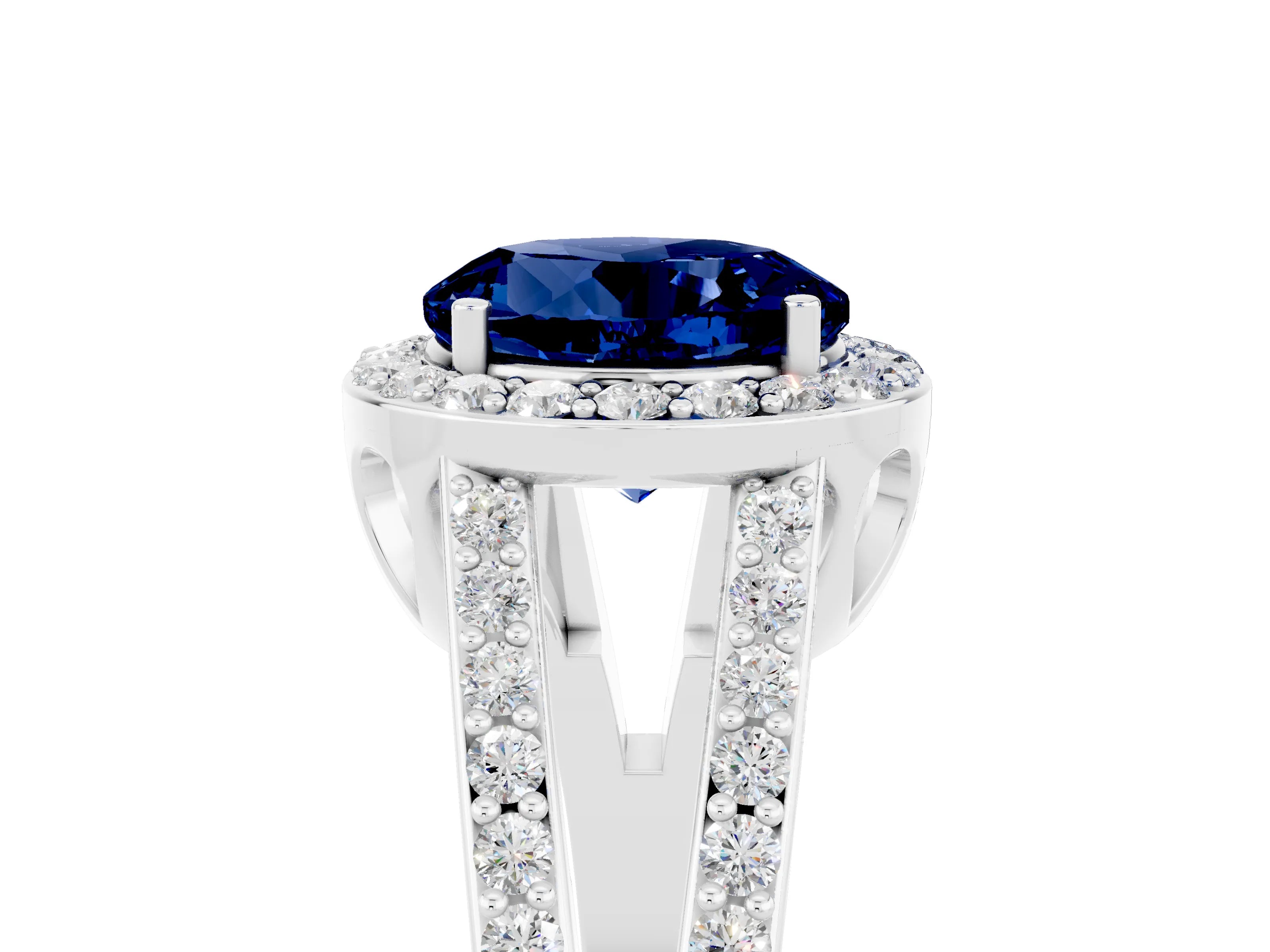 White gold Round Cut Blue Sapphire Halo Ring with Split Shank U-Prong Band and Four-Prong Setting_5