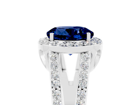 White gold Round Cut Blue Sapphire Halo Ring with Split Shank U-Prong Band and Four-Prong Setting_5