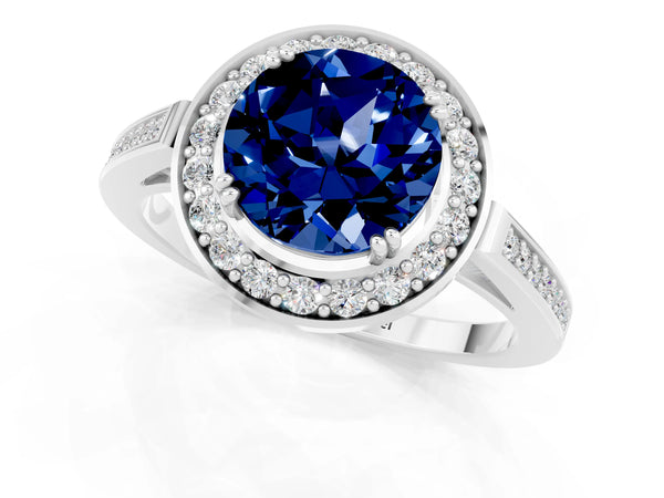 Platinum Round Cut Blue Sapphire Halo Ring with Split Shank and Four-Prong Setting