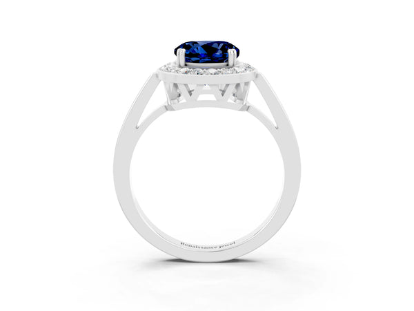 White gold Round Cut Blue Sapphire Halo Ring with Split Shank and Four-Prong Setting
