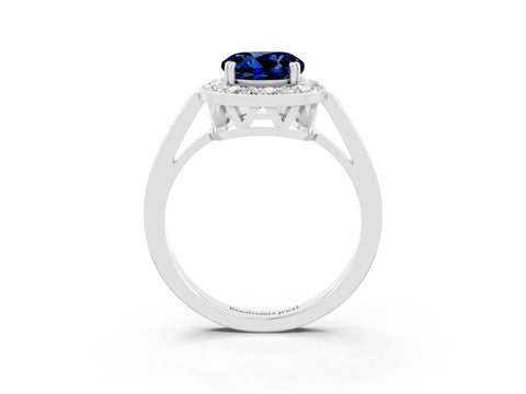 White gold Round Cut Blue Sapphire Halo Ring with Split Shank and Four-Prong Setting_15