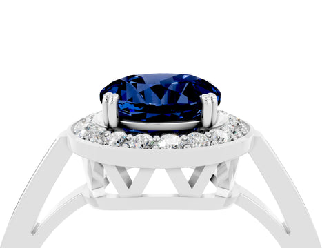 White gold Round Cut Blue Sapphire Halo Ring with Split Shank and Four-Prong Setting_16
