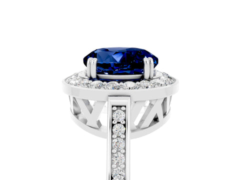 White gold Round Cut Blue Sapphire Halo Ring with Split Shank and Four-Prong Setting_17