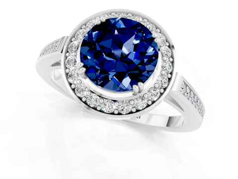 White gold Round Cut Blue Sapphire Halo Ring with Split Shank and Four-Prong Setting_1