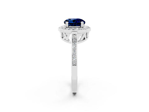 White gold Round Cut Blue Sapphire Halo Ring with Split Shank and Four-Prong Setting_2