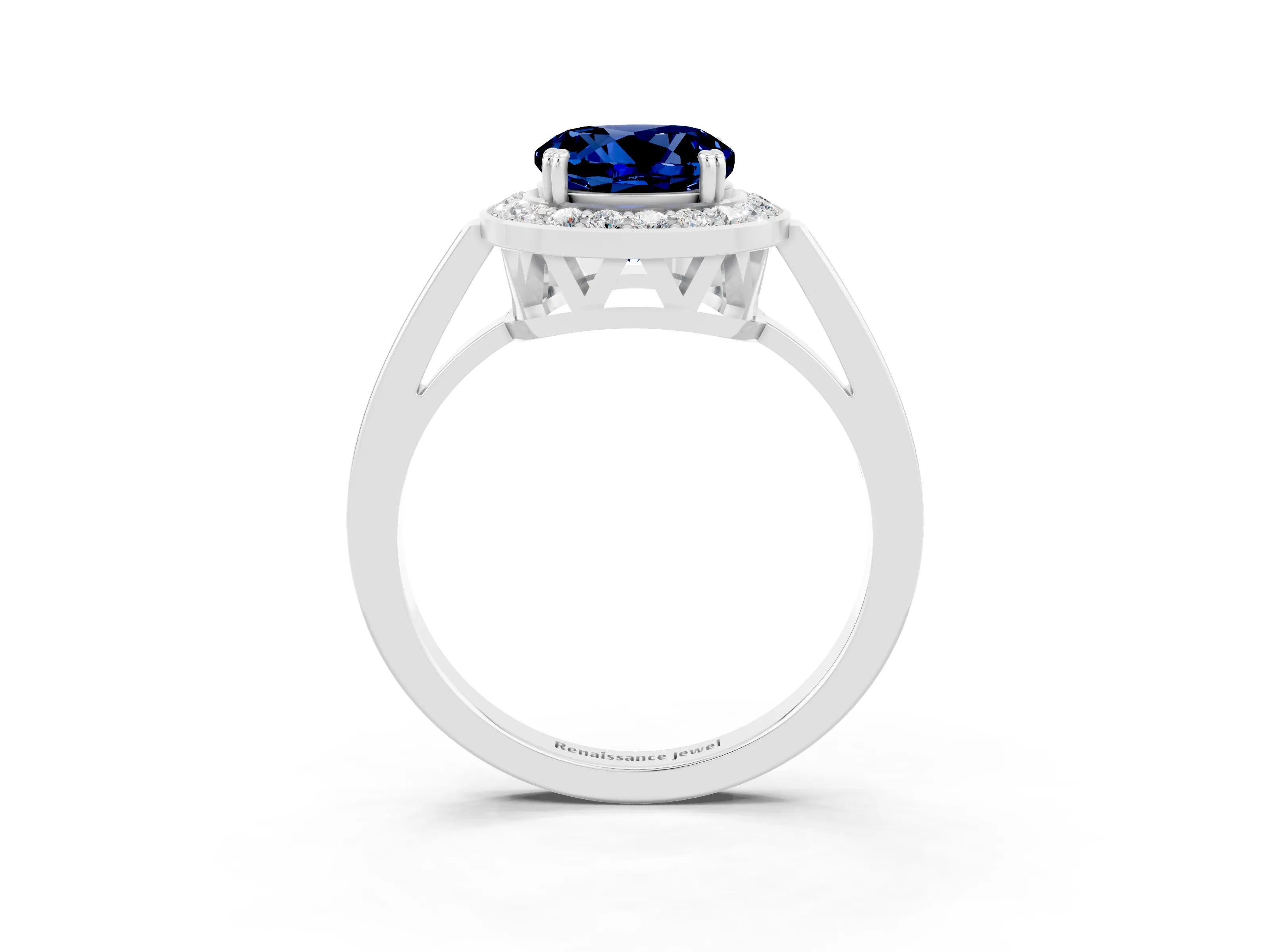 White gold Round Cut Blue Sapphire Halo Ring with Split Shank and Four-Prong Setting_3