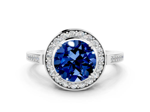 Silver Round Cut Blue Sapphire Halo Ring with Split Shank and Four-Prong Setting