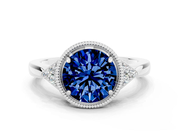 White gold Round Cut Blue Sapphire Halo Ring with Tapered Band and Four-Prong Setting