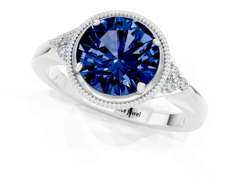 White gold Round Cut Blue Sapphire Halo Ring with Tapered Band and Four-Prong Setting_1