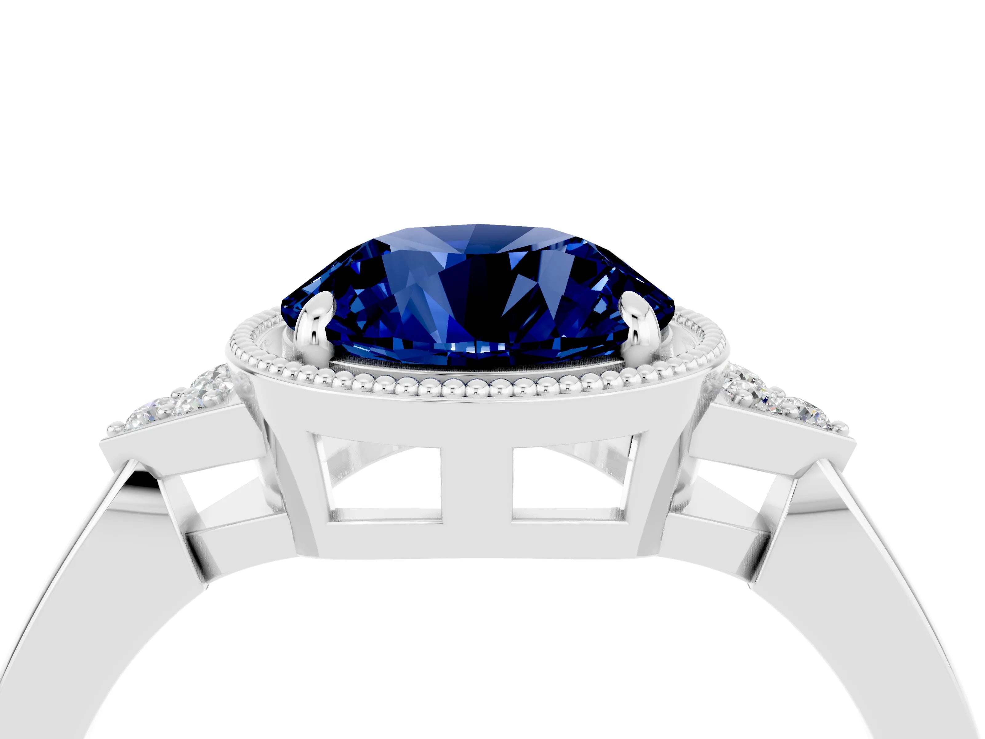 White gold Round Cut Blue Sapphire Halo Ring with Tapered Band and Four-Prong Setting_4