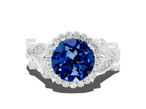 White gold Round Cut Blue Sapphire Halo Ring with Vintage Split Shank and Four-Prong Setting_20