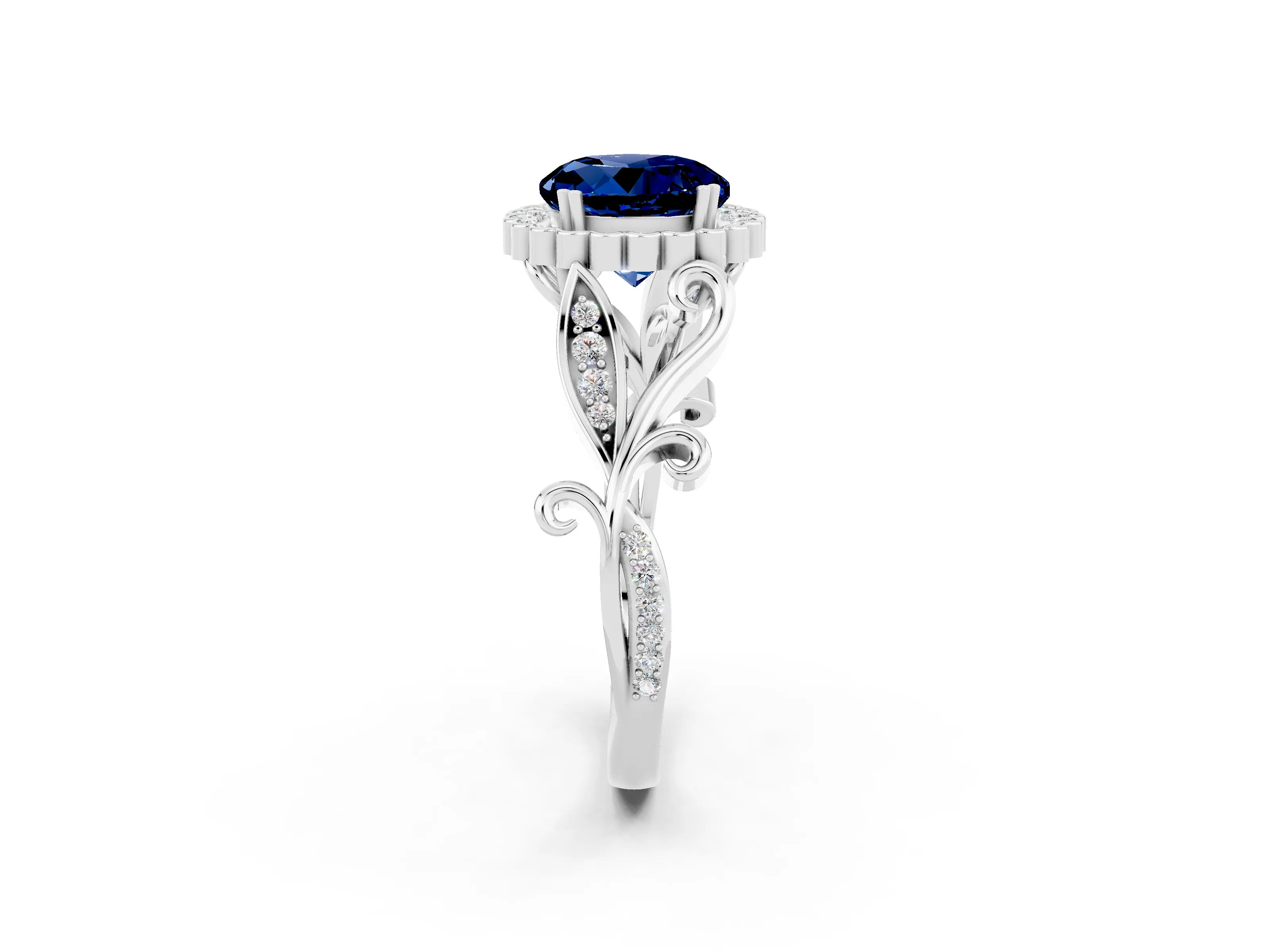 White gold Round Cut Blue Sapphire Halo Ring with Vintage Split Shank and Four-Prong Setting_22