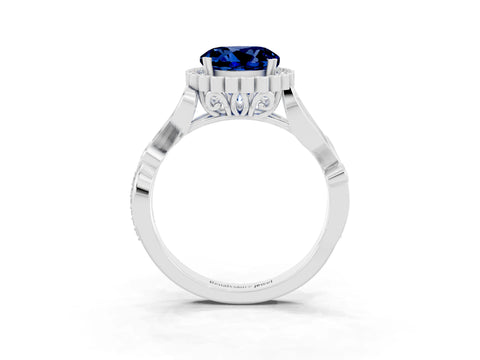 White gold Round Cut Blue Sapphire Halo Ring with Vintage Split Shank and Four-Prong Setting_23