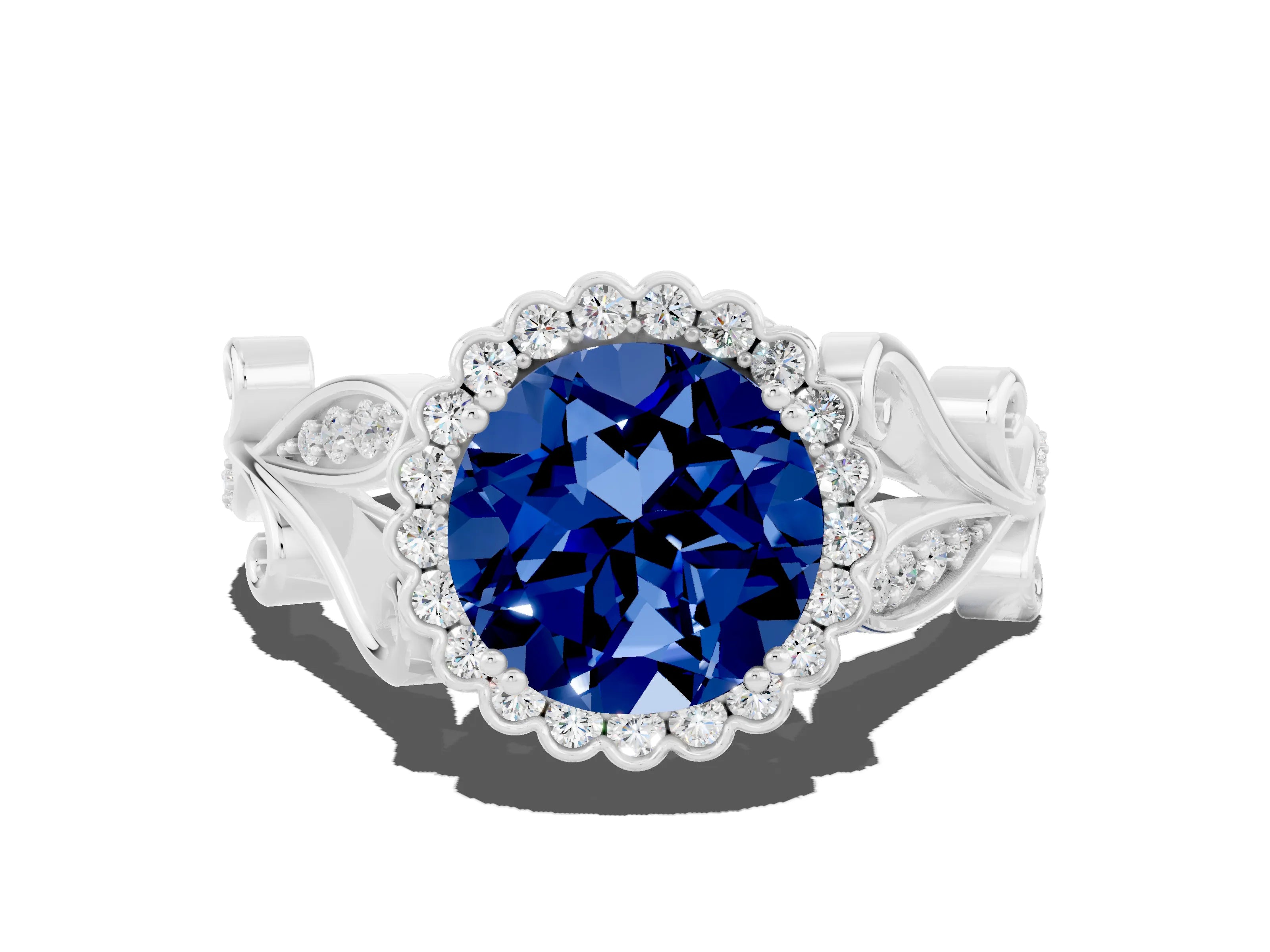 White gold Round Cut Blue Sapphire Halo Ring with Vintage Split Shank and Four-Prong Setting_24