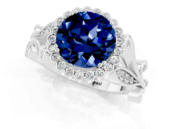 Platinum Round Cut Blue Sapphire Halo Ring with Vintage Split Shank and Four-Prong Setting