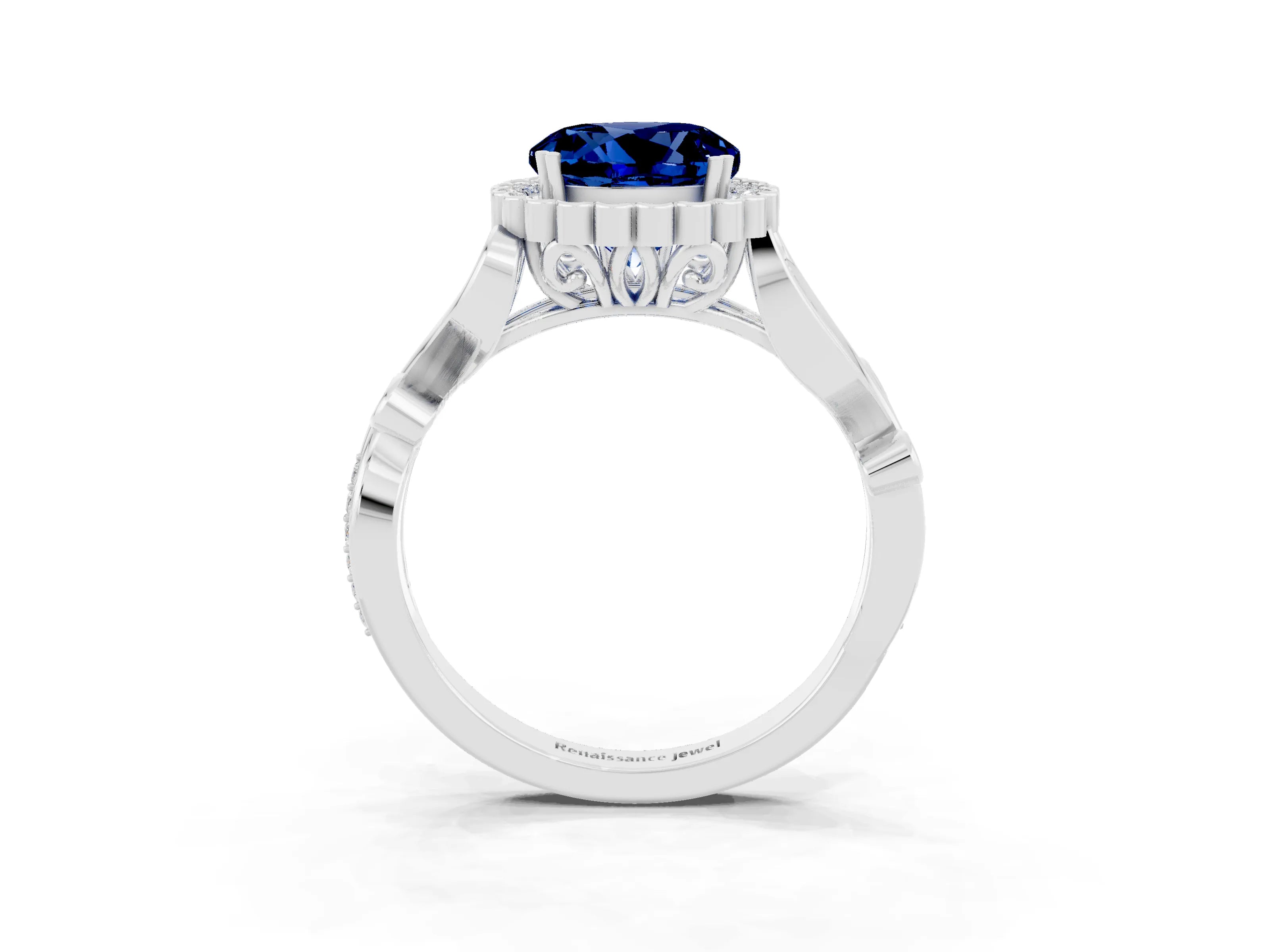 White gold Round Cut Blue Sapphire Halo Ring with Vintage Split Shank and Four-Prong Setting_27