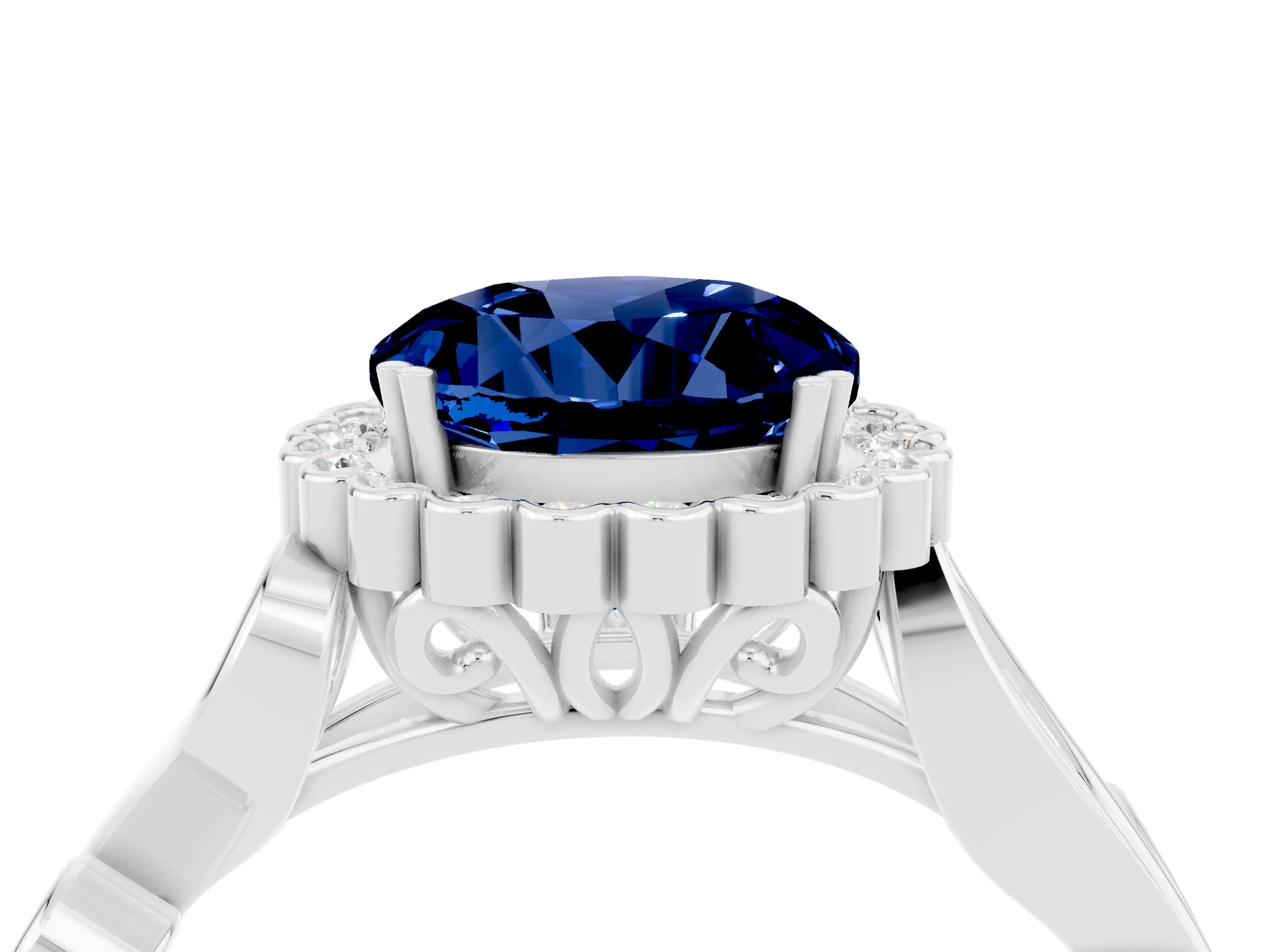 White gold Round Cut Blue Sapphire Halo Ring with Vintage Split Shank and Four-Prong Setting_28