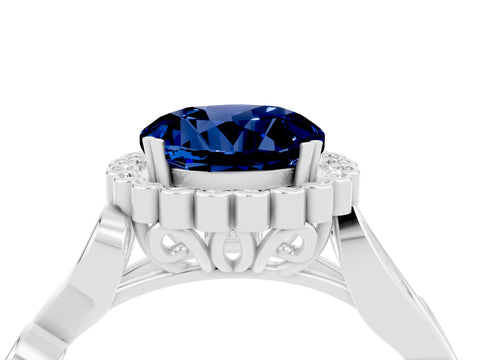 White gold Round Cut Blue Sapphire Halo Ring with Vintage Split Shank and Four-Prong Setting_28