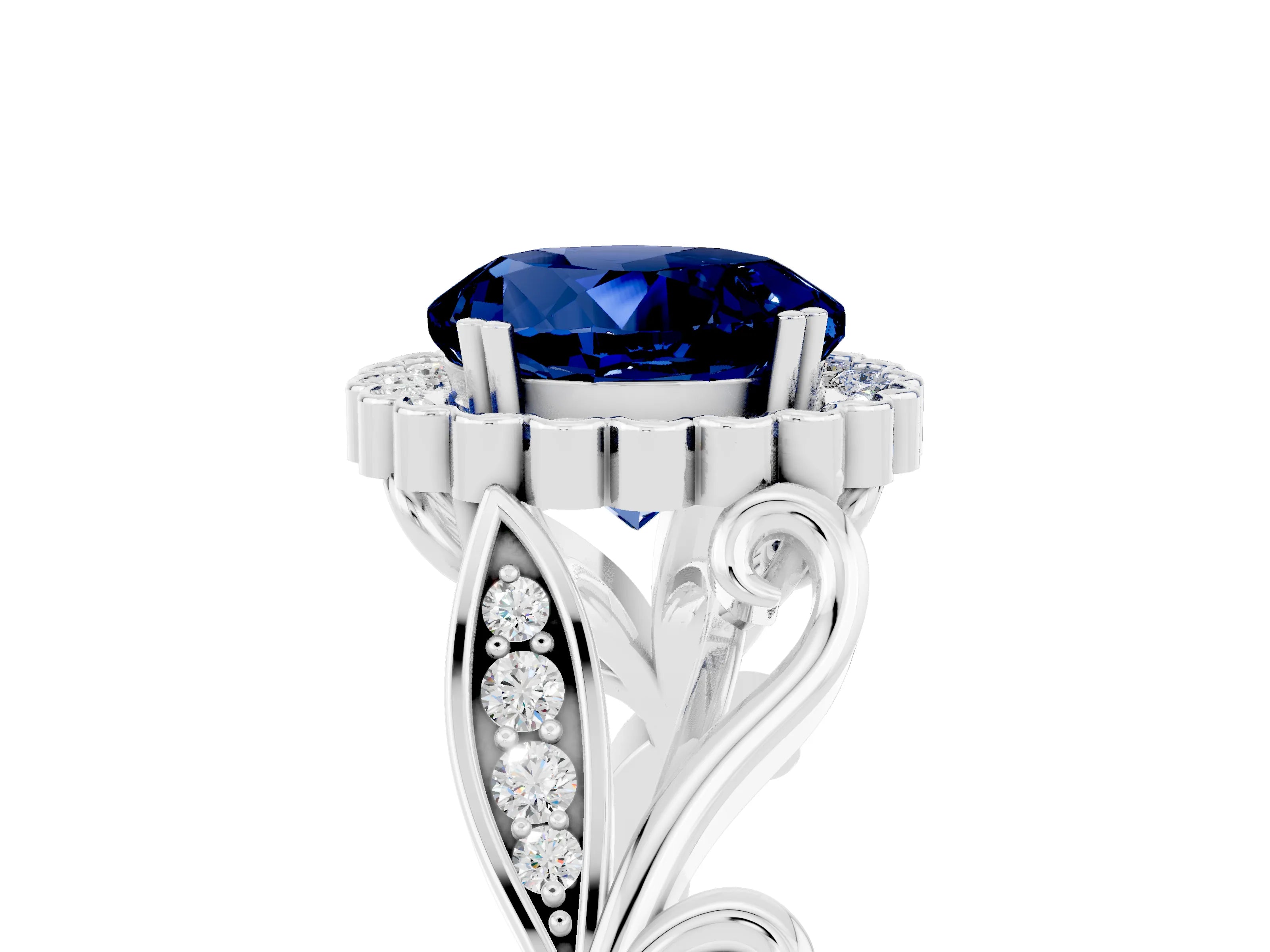 White gold Round Cut Blue Sapphire Halo Ring with Vintage Split Shank and Four-Prong Setting_29
