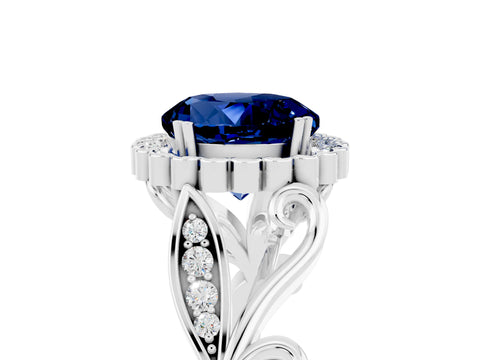 White gold Round Cut Blue Sapphire Halo Ring with Vintage Split Shank and Four-Prong Setting_29
