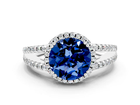 White gold Round Cut Blue Sapphire Halo Split Shank Engagement Ring_12