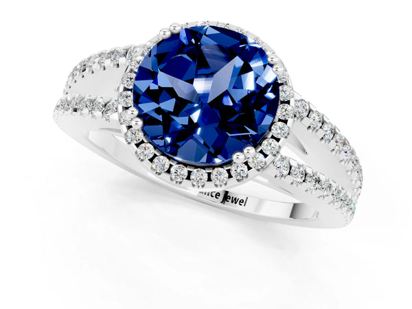 Silver Round Cut Blue Sapphire Halo Split Shank Engagement Ring