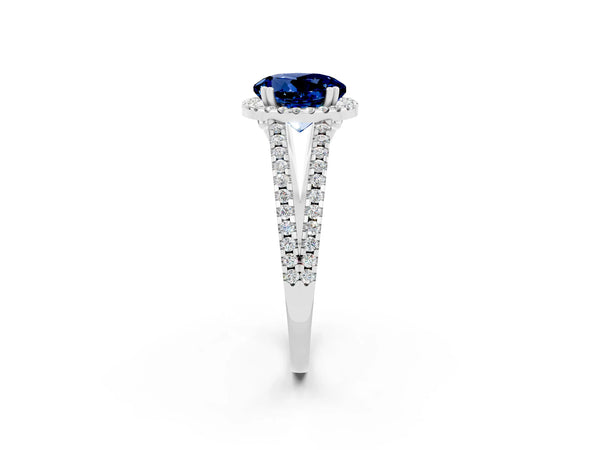 Silver Round Cut Blue Sapphire Halo Split Shank Engagement Ring