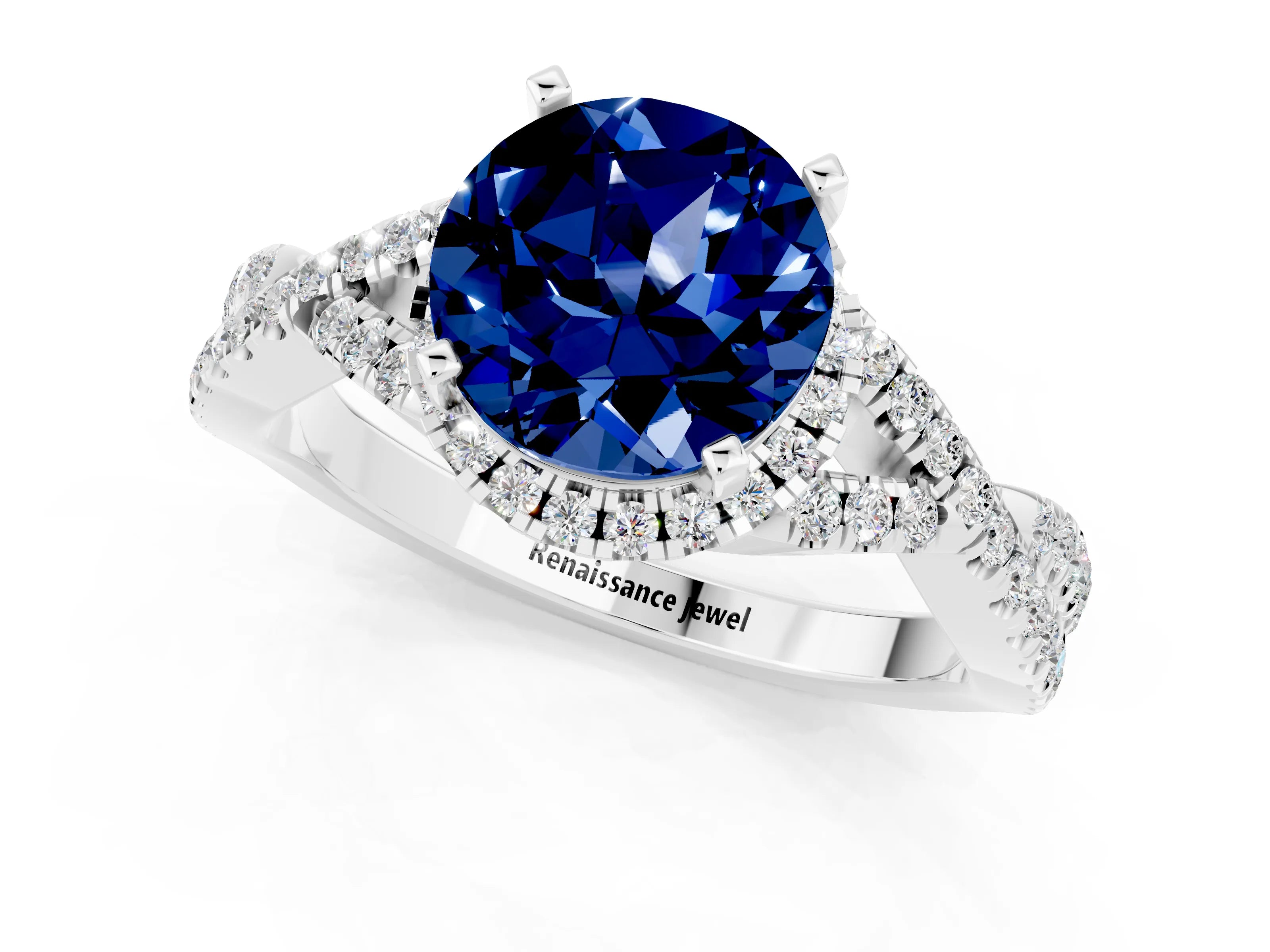White gold Round Cut Blue Sapphire Halo Twist Band Solitaire Prong Setting Ring_1