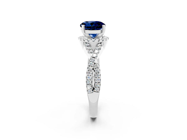 Silver Round Cut Blue Sapphire  Halo Twist Band Solitaire Prong Setting Ring
