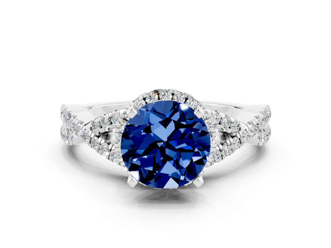 White gold Round Cut Blue Sapphire Halo Twist Band Solitaire Prong Setting Ring