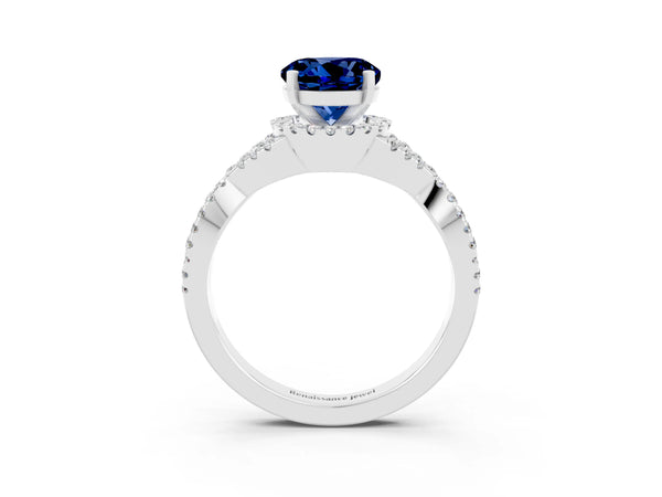 Platinum Round Cut Blue Sapphire  Halo Twist Band Solitaire Prong Setting Ring