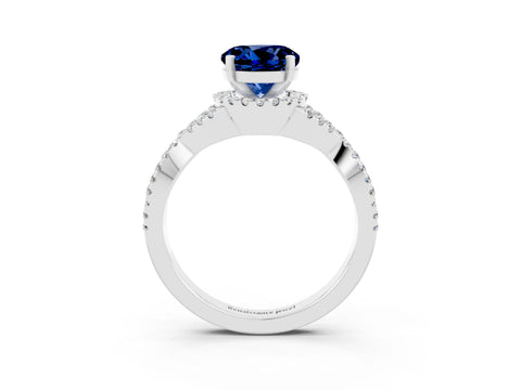 White gold Round Cut Blue Sapphire Halo Twist Band Solitaire Prong Setting Ring_3