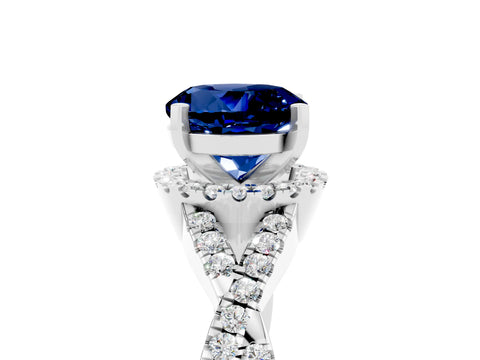 White gold Round Cut Blue Sapphire Halo Twist Band Solitaire Prong Setting Ring_5