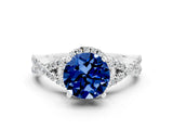 White gold Round Cut Blue Sapphire Halo Twist Band Solitaire Prong Setting Ring