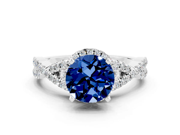 Silver Round Cut Blue Sapphire  Halo Twist Band Solitaire Prong Setting Ring