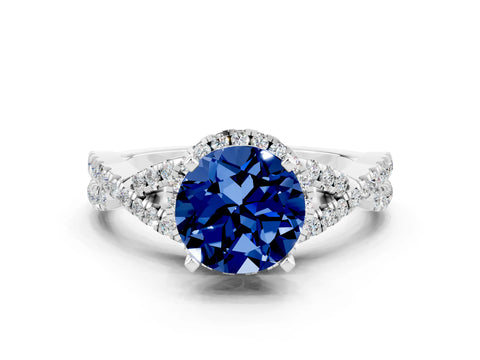 White gold Round Cut Blue Sapphire Halo Twist Band Solitaire Prong Setting Ring
