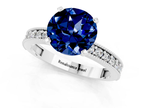 White gold Round Cut Blue Sapphire Milgrain Pavé Engagement Ring with Four-Prong Setting_1