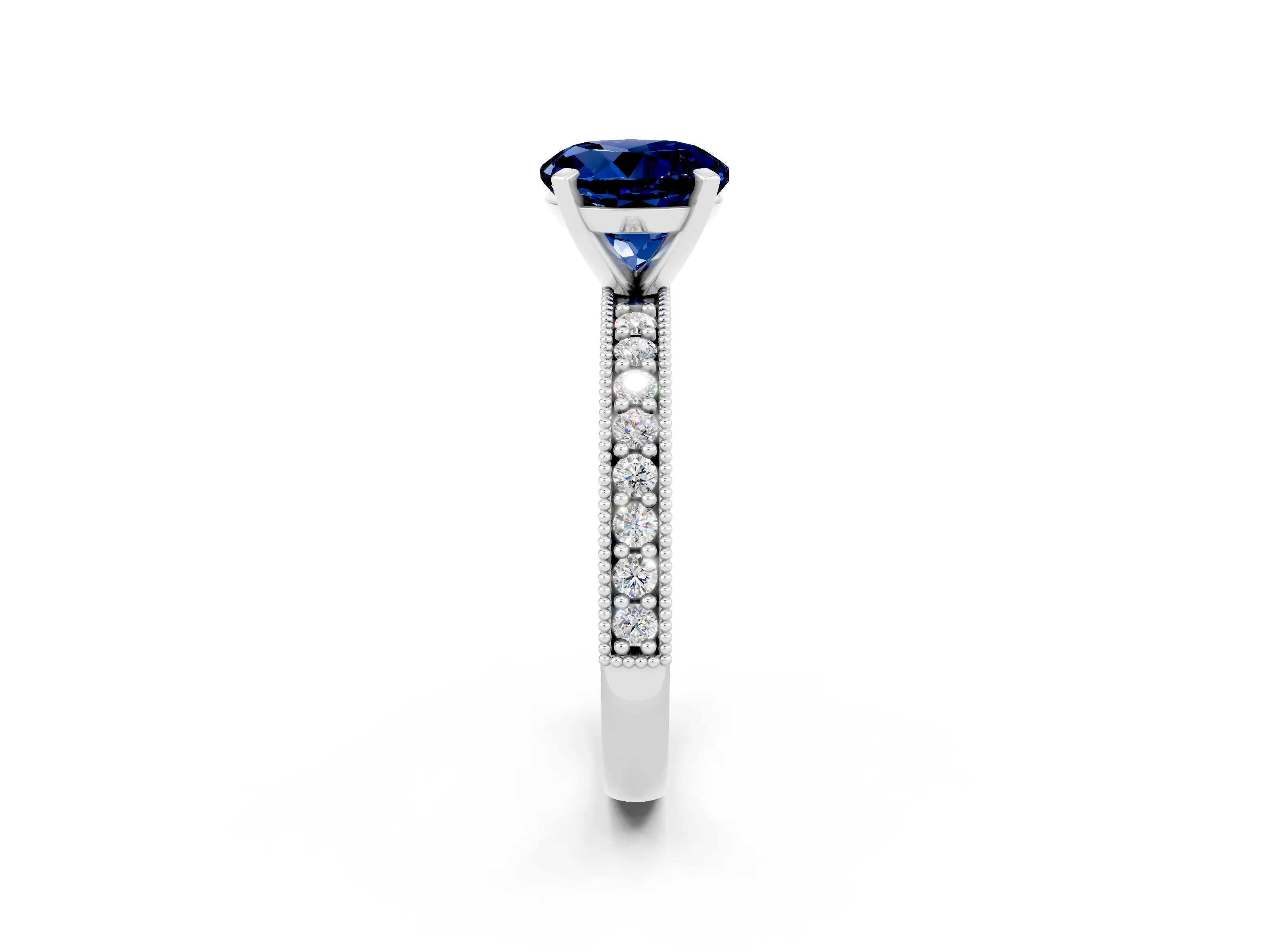 White gold Round Cut Blue Sapphire Milgrain Pavé Engagement Ring with Four-Prong Setting_2