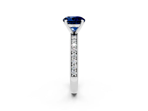 White gold Round Cut Blue Sapphire Milgrain Pavé Engagement Ring with Four-Prong Setting_2
