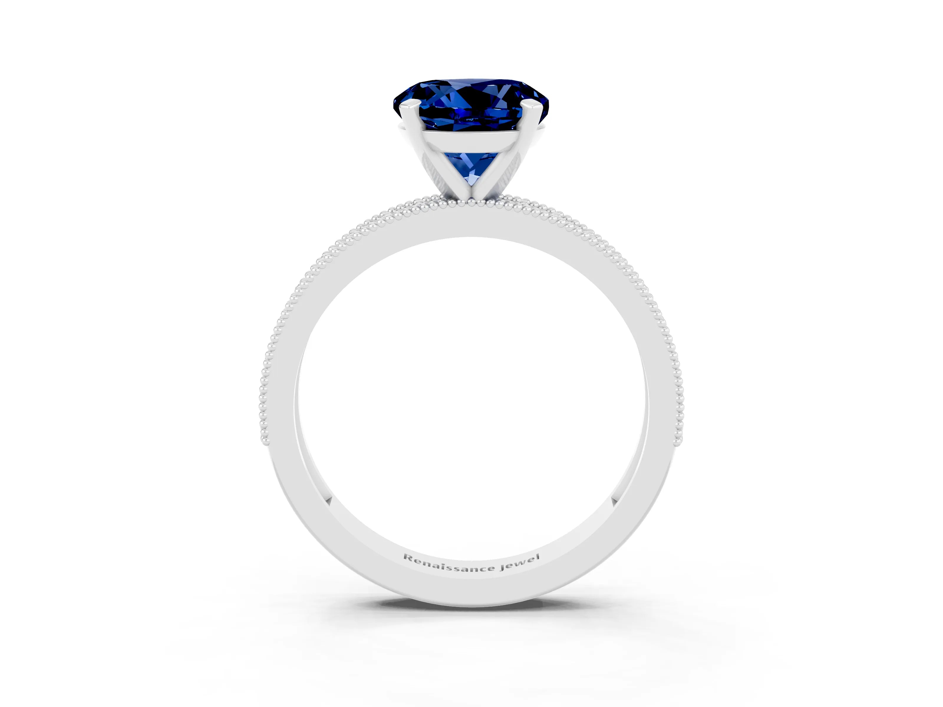 White gold Round Cut Blue Sapphire Milgrain Pavé Engagement Ring with Four-Prong Setting_3