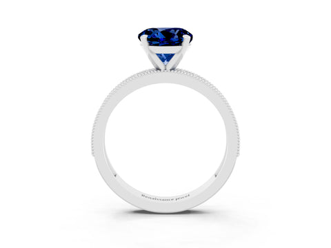 White gold Round Cut Blue Sapphire Milgrain Pavé Engagement Ring with Four-Prong Setting_3