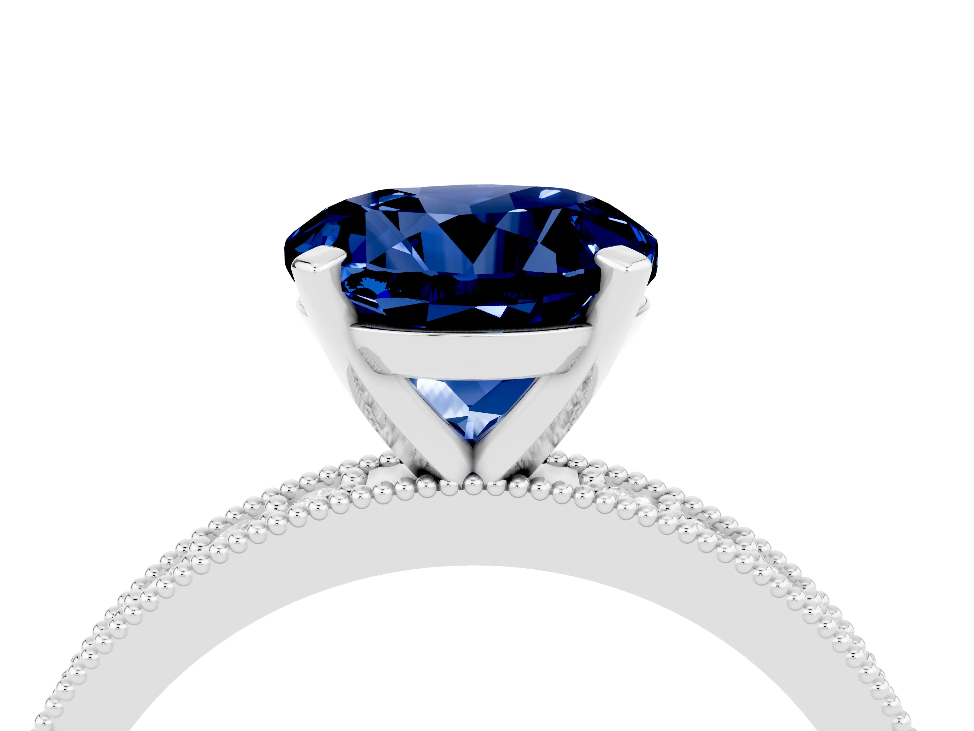 White gold Round Cut Blue Sapphire Milgrain Pavé Engagement Ring with Four-Prong Setting_4