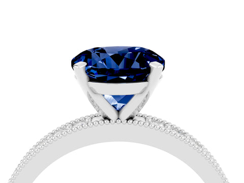 White gold Round Cut Blue Sapphire Milgrain Pavé Engagement Ring with Four-Prong Setting_4