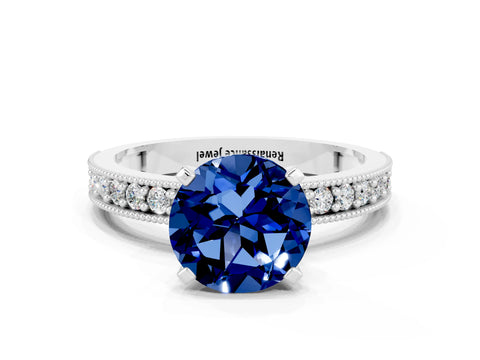White gold Round Cut Blue Sapphire Milgrain Pavé Engagement Ring with Four-Prong Setting