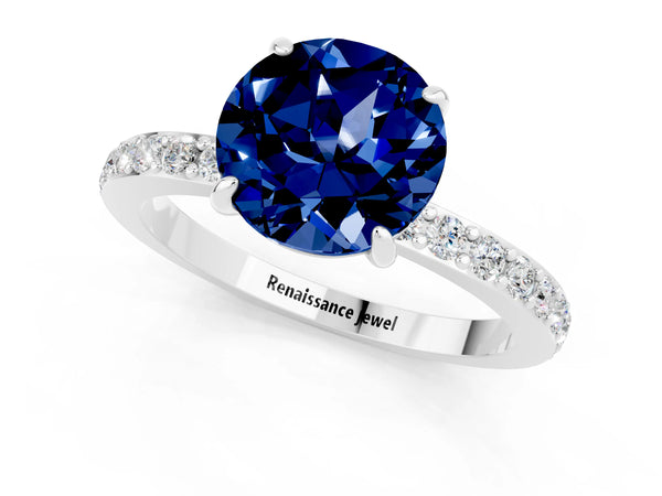 Silver Round Cut Blue Sapphire Pavé Engagement Ring with Round  Accents and Prong Setting