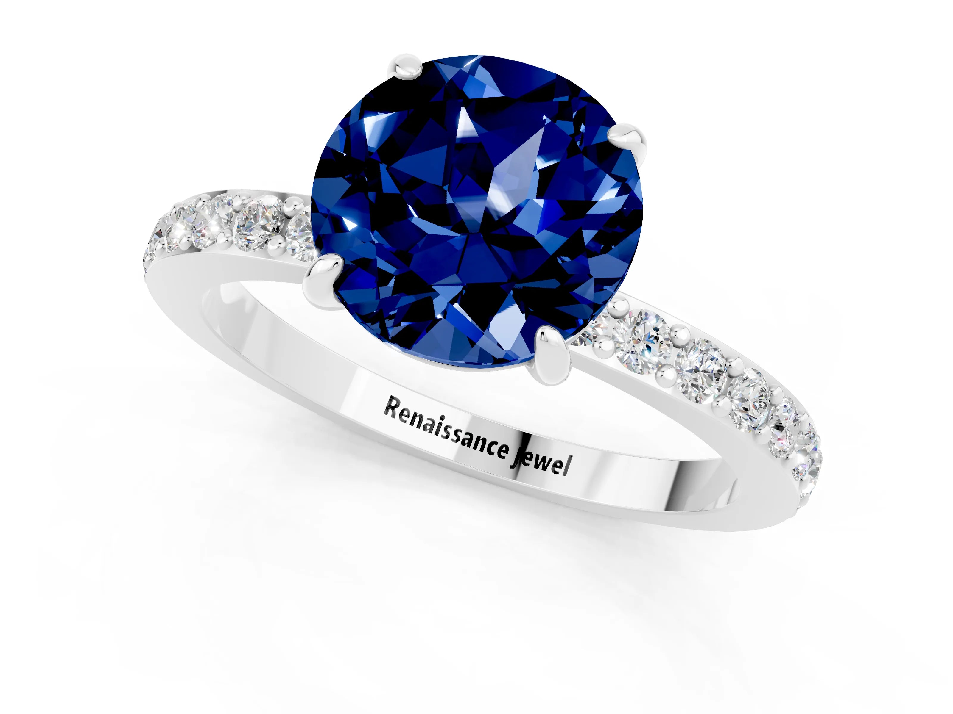 White gold Round Cut Blue Sapphire Pavé Engagement Ring with Round  Accents and Prong Setting_25